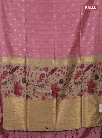 Art dupion saree pink and beige with allover zari woven buttas and printed pallu