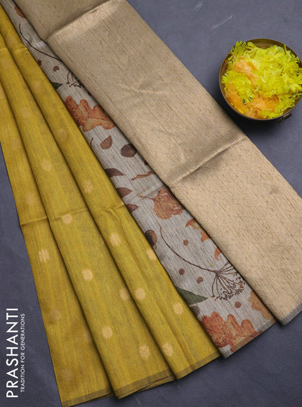 Art dupion saree mustard yellow and beige with allover zari woven buttas and printed pallu
