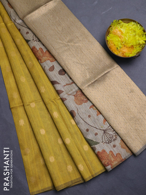 Art dupion saree mustard yellow and beige with allover zari woven buttas and printed pallu