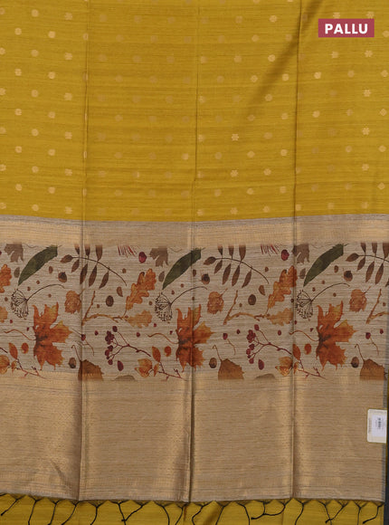 Art dupion saree mustard yellow and beige with allover zari woven buttas and printed pallu
