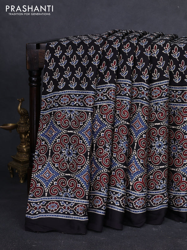 Modal Silk Saree maroon and black with allover ajrakh prints and long printed border