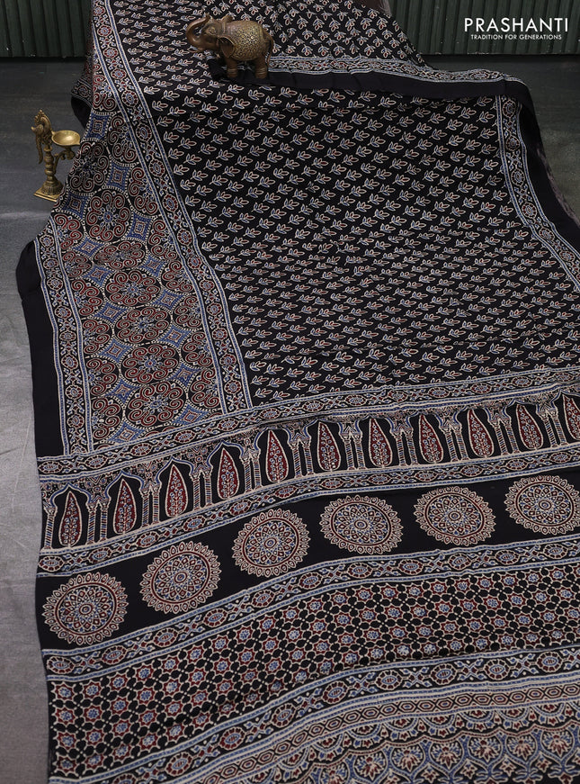 Modal Silk Saree maroon and black with allover ajrakh prints and long printed border