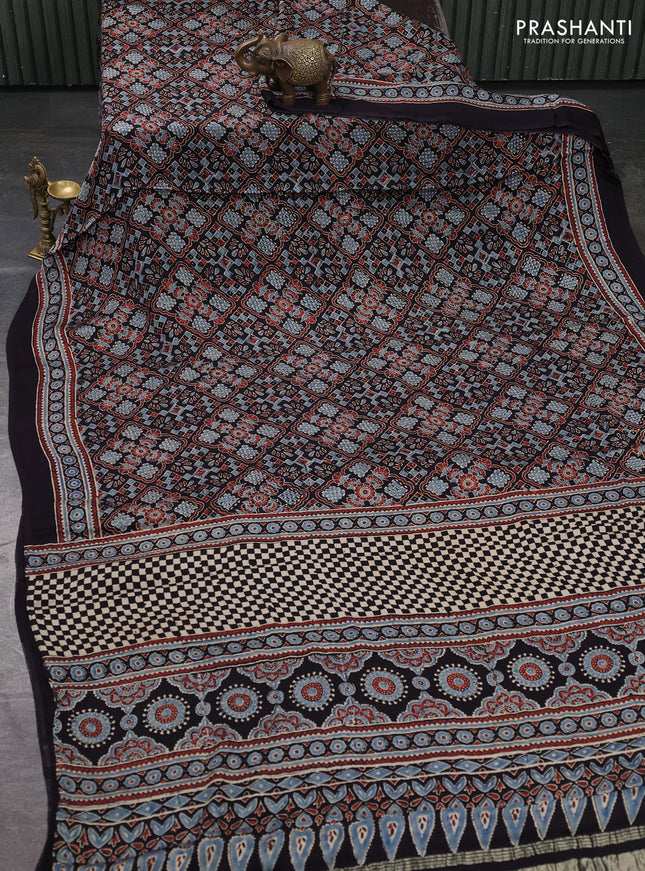 Modal Silk Saree black with allover ajrakh prints and printed border