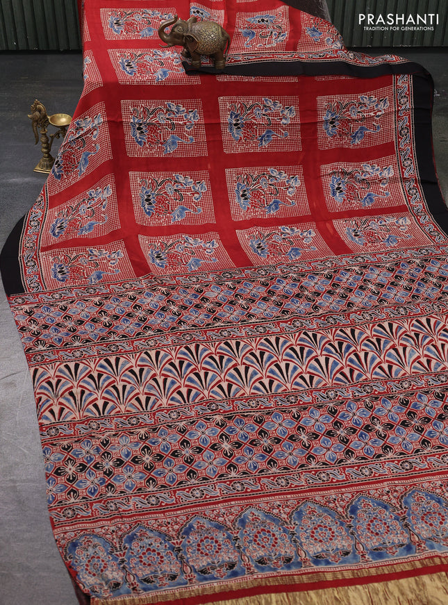 Modal Silk Saree maroon and black with allover ajrakh prints and printed border