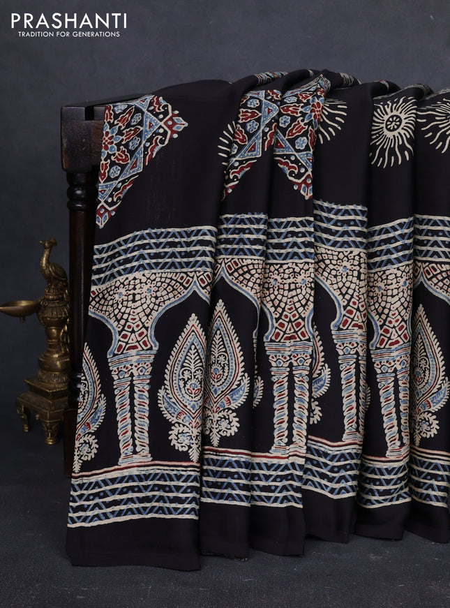 Modal Silk Saree black with allover ajrakh prints and long printed border