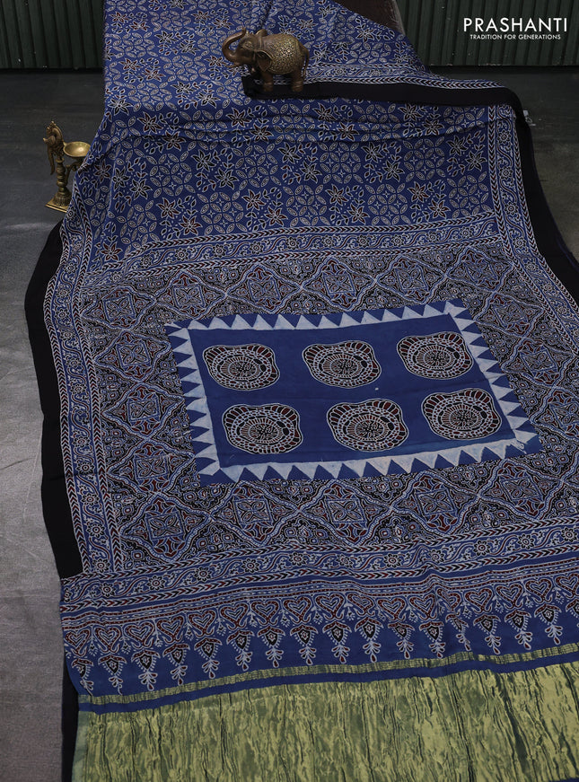 Modal Silk Saree indigo blue and black with allover ajrakh prints and printed border