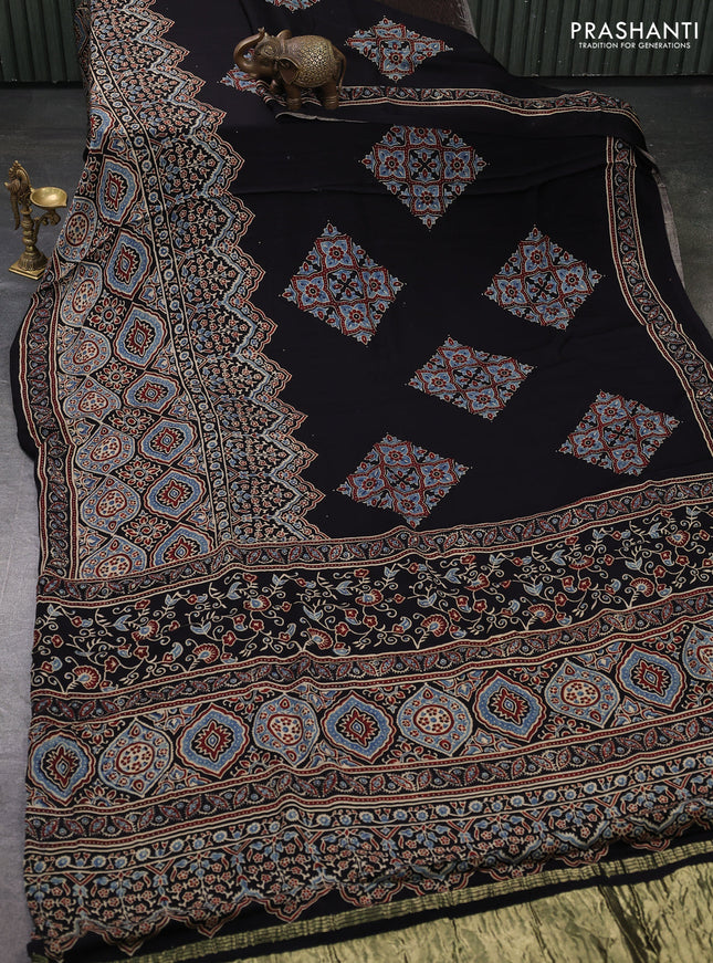 Modal Silk Saree black with allover ajrakh prints long printed border