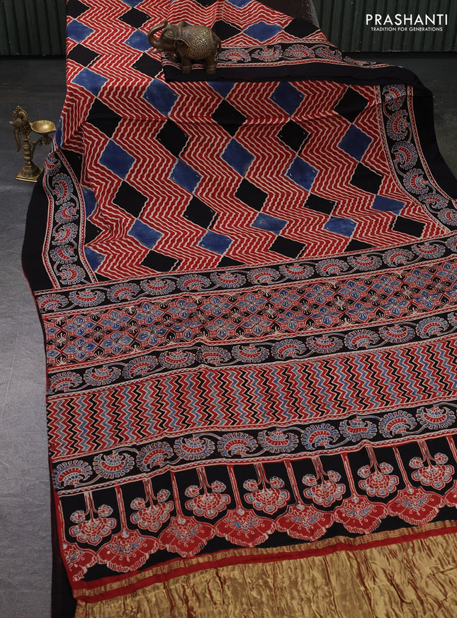 Modal Silk Saree maroon and black with allover ajrakh prints and printed border