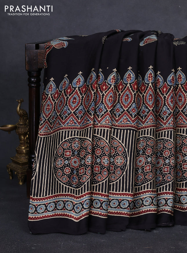 Modal Silk Saree black with allover ajrakh prints and printed border