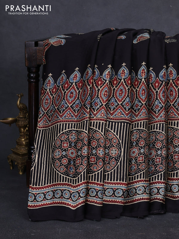 Modal Silk Saree black with allover ajrakh prints and printed border