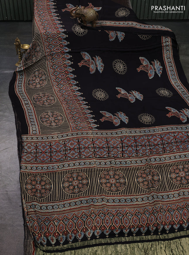 Modal Silk Saree black with allover ajrakh prints and printed border