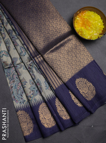 Bhagalpuri tussar saree beige and navy blue with allover kalamkari prints & zari buttas and zari woven butta border