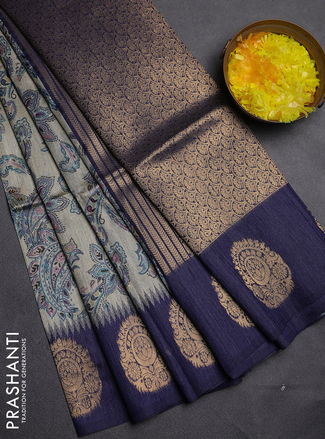 Bhagalpuri tussar saree beige and navy blue with allover kalamkari prints & zari buttas and zari woven butta border