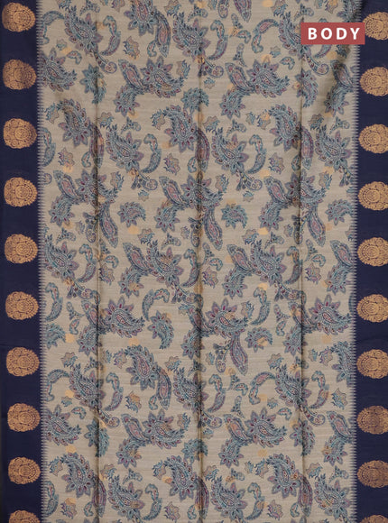 Bhagalpuri tussar saree beige and navy blue with allover kalamkari prints & zari buttas and zari woven butta border