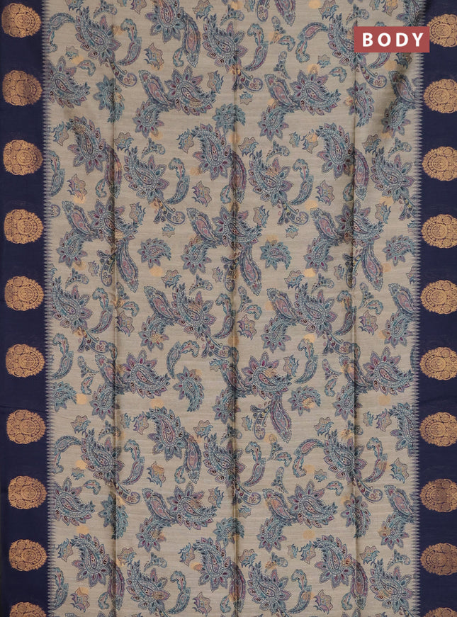 Bhagalpuri tussar saree beige and navy blue with allover kalamkari prints & zari buttas and zari woven butta border
