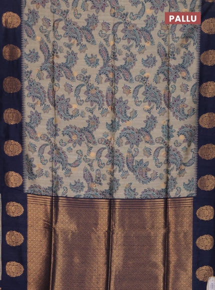 Bhagalpuri tussar saree beige and navy blue with allover kalamkari prints & zari buttas and zari woven butta border