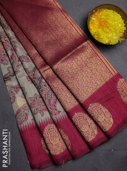 Bhagalpuri tussar saree beige and dark pink with allover kalamkari prints & zari buttas and zari woven butta border