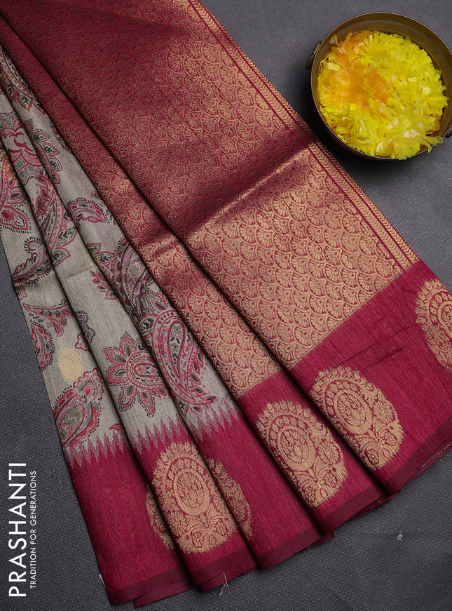 Bhagalpuri tussar saree beige and dark pink with allover kalamkari prints & zari buttas and zari woven butta border
