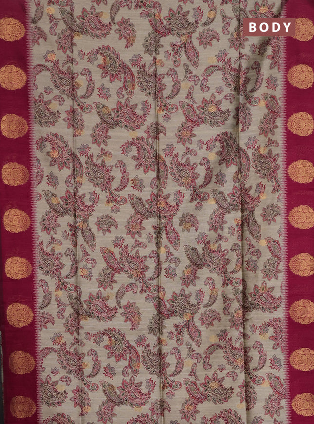 Bhagalpuri tussar saree beige and dark pink with allover kalamkari prints & zari buttas and zari woven butta border