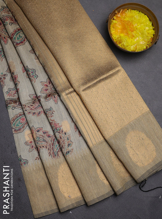 Bhagalpuri tussar saree beige and dark beige with allover kalamkari prints & zari buttas and zari woven butta border
