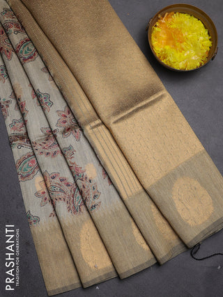 Bhagalpuri tussar saree beige and dark beige with allover kalamkari prints & zari buttas and zari woven butta border