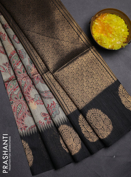 Bhagalpuri tussar saree beige and black with allover kalamkari prints & zari buttas and zari woven butta border