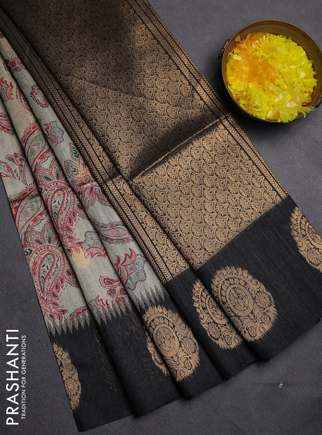 Bhagalpuri tussar saree beige and black with allover kalamkari prints & zari buttas and zari woven butta border