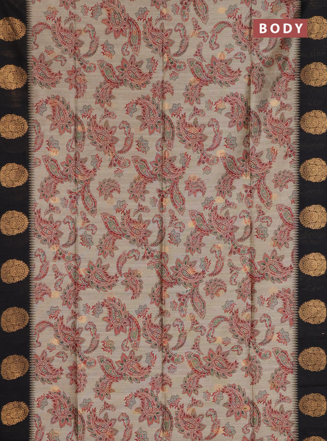 Bhagalpuri tussar saree beige and black with allover kalamkari prints & zari buttas and zari woven butta border