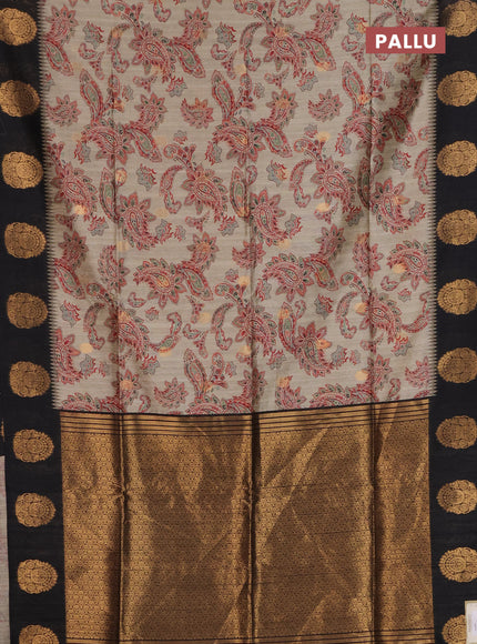 Bhagalpuri tussar saree beige and black with allover kalamkari prints & zari buttas and zari woven butta border