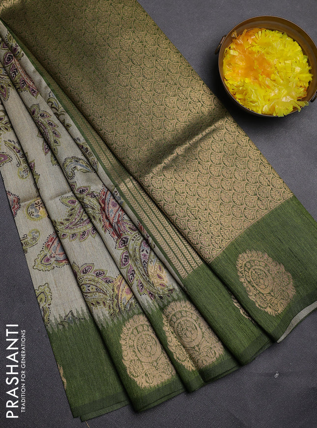 Bhagalpuri tussar saree beige and mehendi green with allover kalamkari prints & zari buttas and zari woven butta border