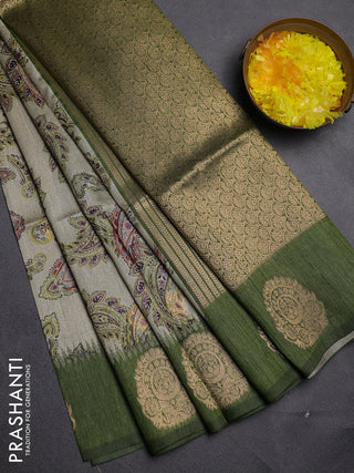 Bhagalpuri tussar saree beige and mehendi green with allover kalamkari prints & zari buttas and zari woven butta border