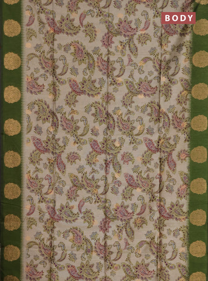 Bhagalpuri tussar saree beige and mehendi green with allover kalamkari prints & zari buttas and zari woven butta border