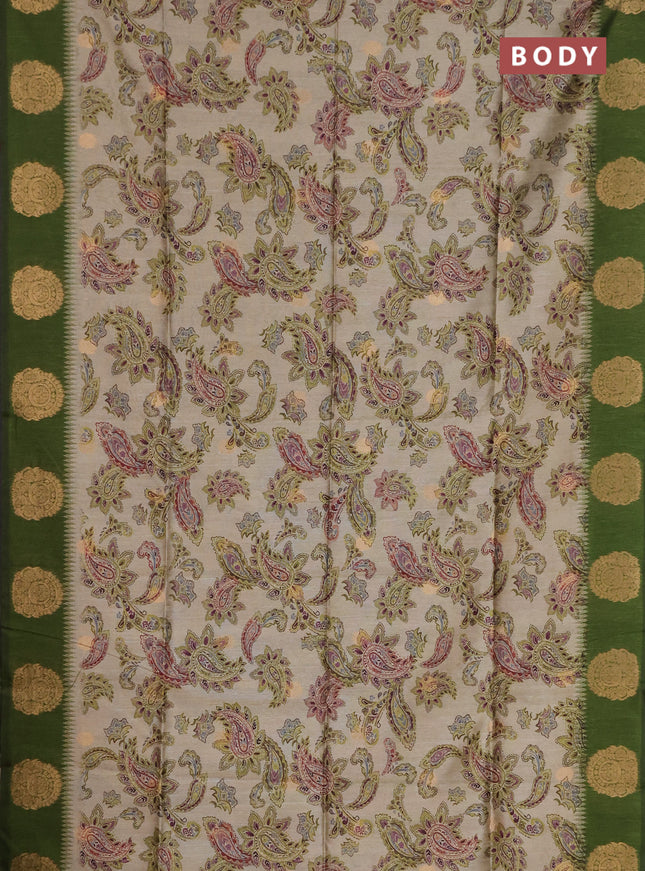 Bhagalpuri tussar saree beige and mehendi green with allover kalamkari prints & zari buttas and zari woven butta border