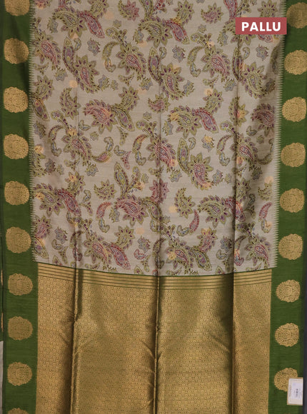 Bhagalpuri tussar saree beige and mehendi green with allover kalamkari prints & zari buttas and zari woven butta border