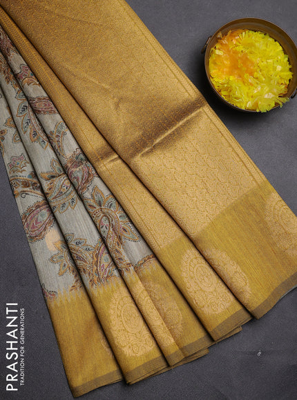 Bhagalpuri tussar saree beige and mustard yellow with allover kalamkari prints & zari buttas and zari woven butta border