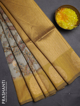 Bhagalpuri tussar saree beige and mustard yellow with allover kalamkari prints & zari buttas and zari woven butta border