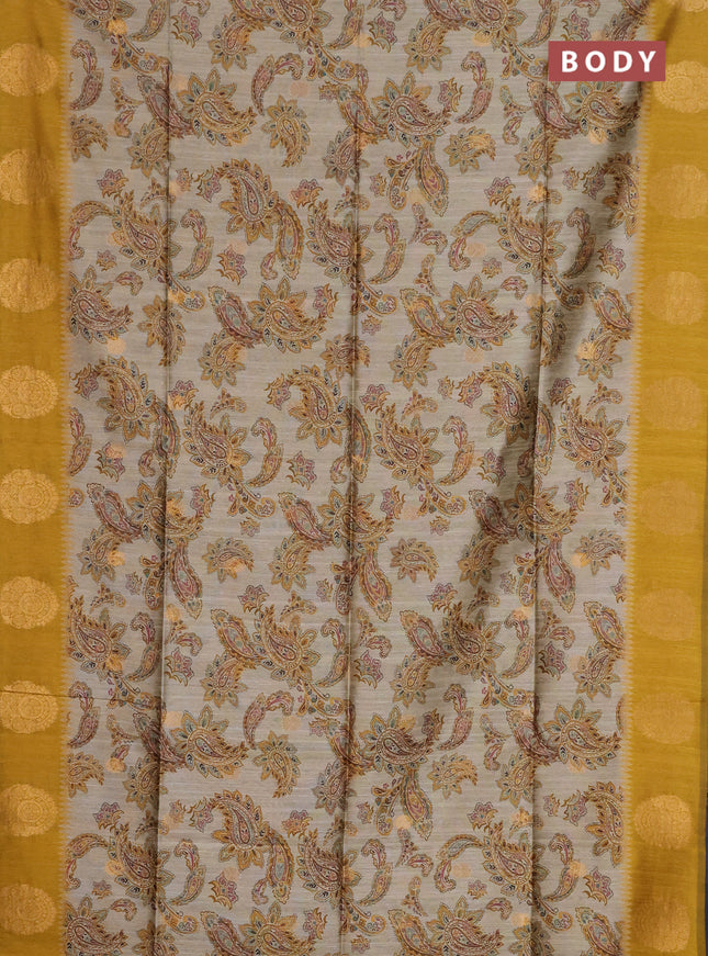 Bhagalpuri tussar saree beige and mustard yellow with allover kalamkari prints & zari buttas and zari woven butta border