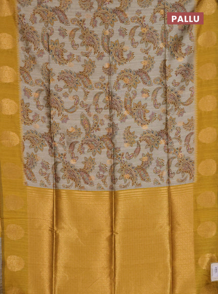 Bhagalpuri tussar saree beige and mustard yellow with allover kalamkari prints & zari buttas and zari woven butta border