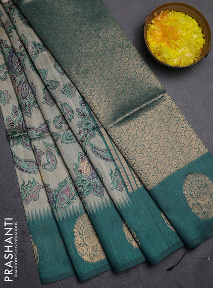 Bhagalpuri tussar saree beige and peacock green with allover kalamkari prints & zari buttas and zari woven butta border