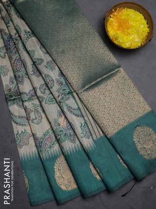 Bhagalpuri tussar saree beige and peacock green with allover kalamkari prints & zari buttas and zari woven butta border