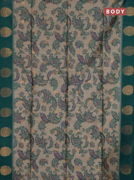 Bhagalpuri tussar saree beige and peacock green with allover kalamkari prints & zari buttas and zari woven butta border