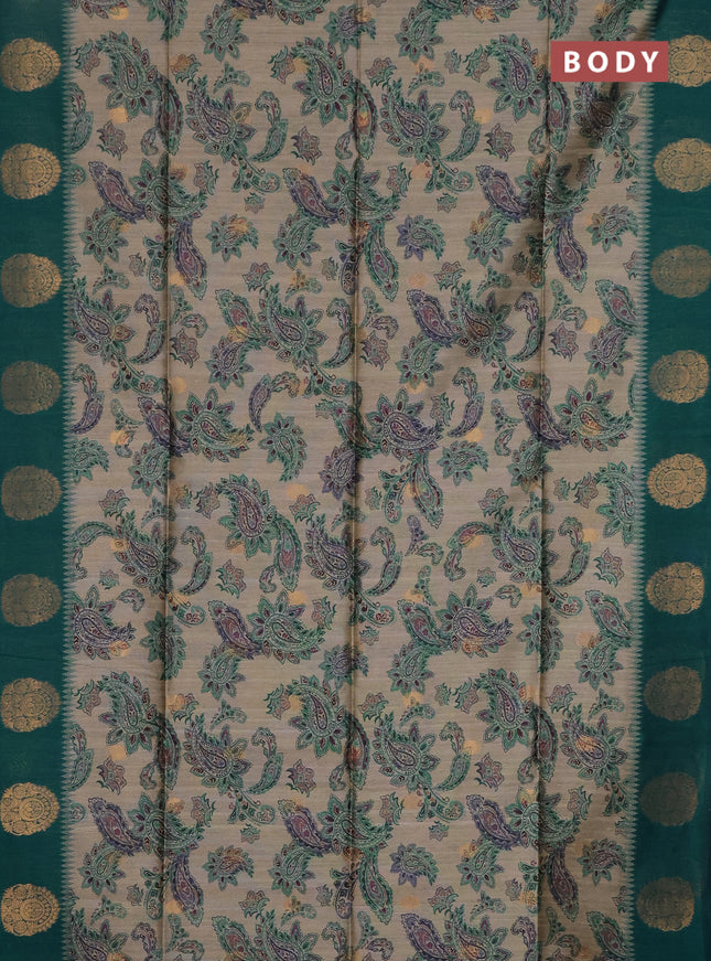 Bhagalpuri tussar saree beige and peacock green with allover kalamkari prints & zari buttas and zari woven butta border