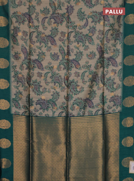 Bhagalpuri tussar saree beige and peacock green with allover kalamkari prints & zari buttas and zari woven butta border