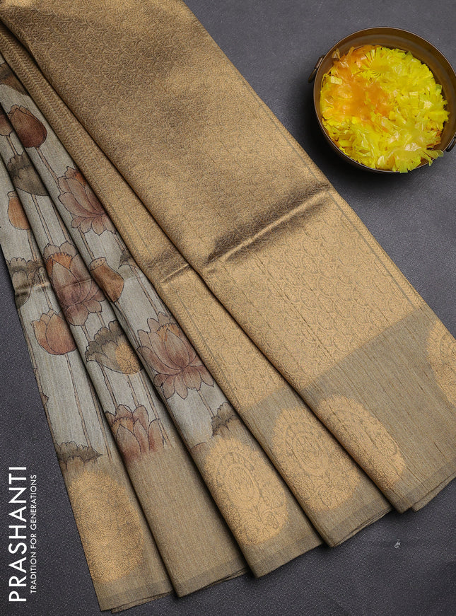 Bhagalpuri tussar saree dark beige with allover kalamkari prints & zari buttas and zari woven butta border
