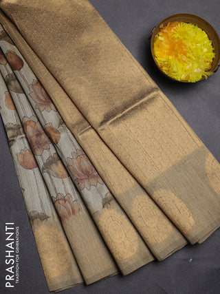 Bhagalpuri tussar saree dark beige with allover kalamkari prints & zari buttas and zari woven butta border