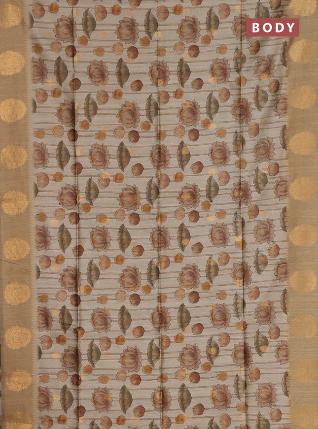 Bhagalpuri tussar saree dark beige with allover kalamkari prints & zari buttas and zari woven butta border