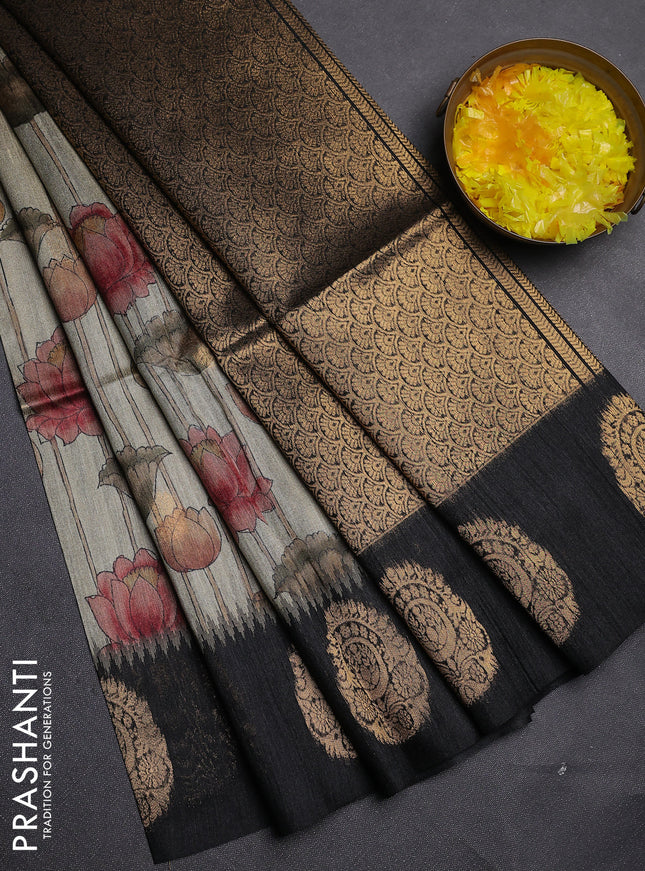 Bhagalpuri tussar saree beige and black with allover kalamkari prints & zari buttas and zari woven butta border