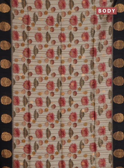 Bhagalpuri tussar saree beige and black with allover kalamkari prints & zari buttas and zari woven butta border