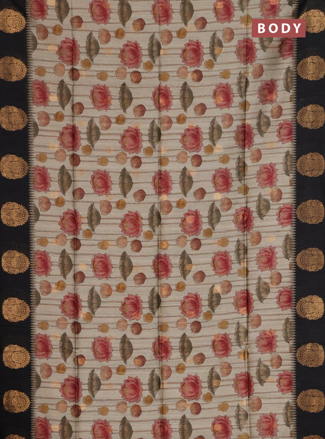 Bhagalpuri tussar saree beige and black with allover kalamkari prints & zari buttas and zari woven butta border