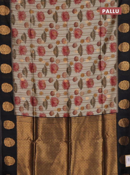 Bhagalpuri tussar saree beige and black with allover kalamkari prints & zari buttas and zari woven butta border